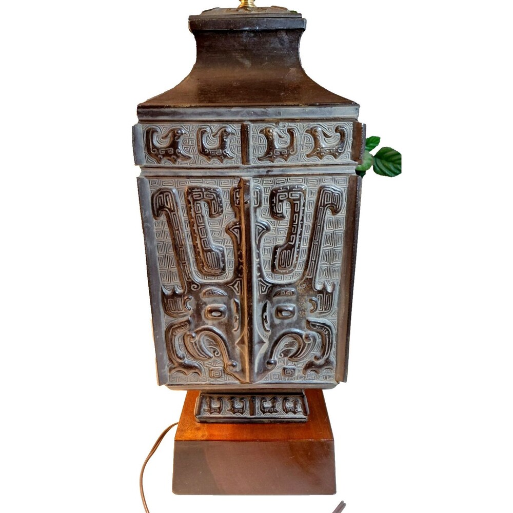 1960s Archaic Chinese Taotie Patinated Brass/Bronze Table Lamp, Att. James Mont